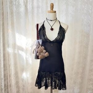Coquette Black Lace Halter Babydoll Dress Sz Small Lingerie Whimsigoth Grunge